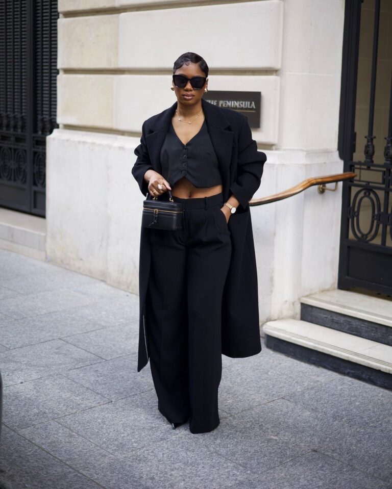 Fashion-Forward Black Coat with Waistcoat and Crop Top — Black Coat Outfits