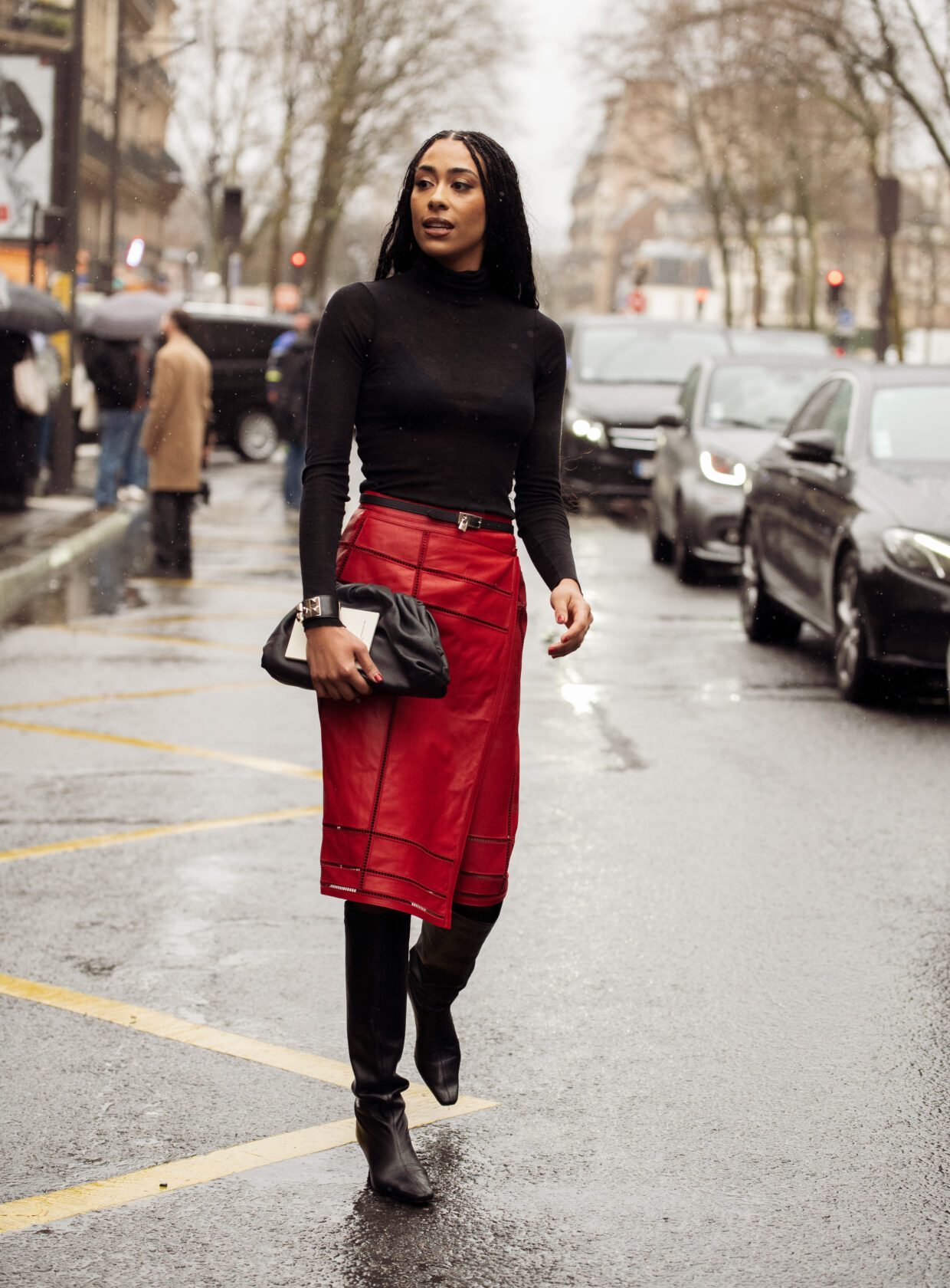 Bold Red Leather Skirt with a Black Turtleneck and Knee-High Boots — Paris Winter Outfits
