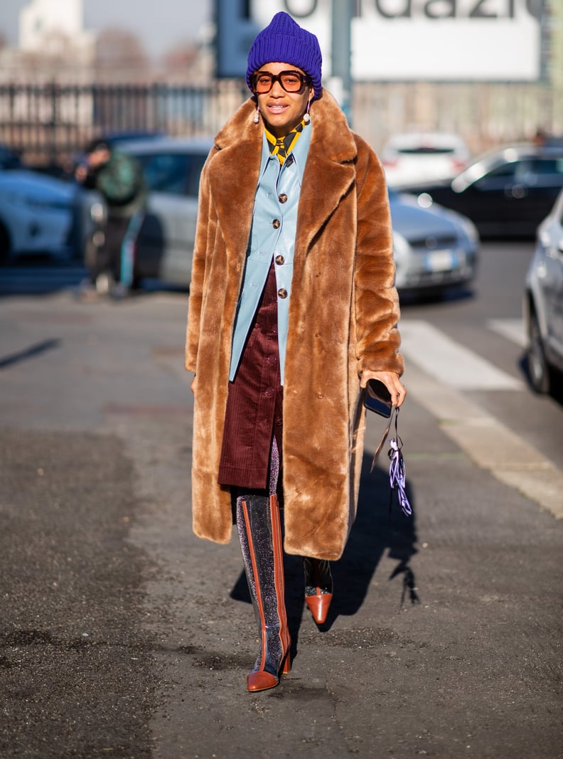 Vibrant Blue Beanie with Faux Fur Coat and Corduroy Skirt — Beanie Outfits