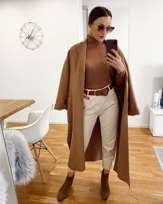 Long Camel Coat Over Brown Turtleneck and Cream Trousers Long Camel Coat Over Brown Turtleneck and Cream Trousers — Dressy Winter Outfits