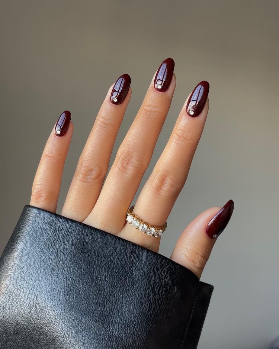 Wine Red Rhinestone Medium Stiletto Nails Wine Red Rhinestone Medium Stiletto Nails — Winter Nail Colors for Pale Skin
