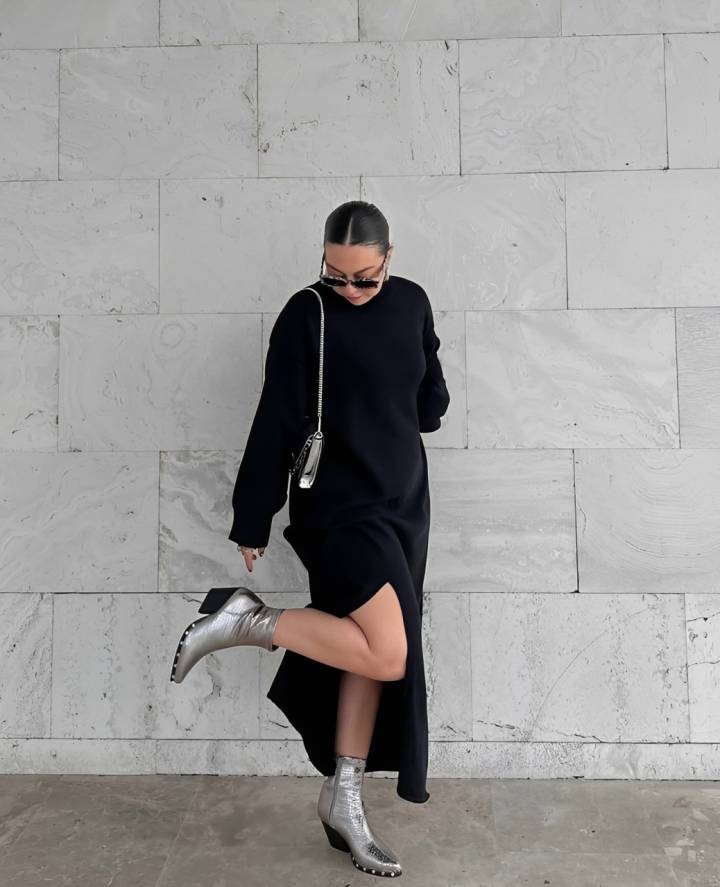 Glamorous Evening: Metallic Boots with a Slit Midi Dress — Ankle Boots Outfits