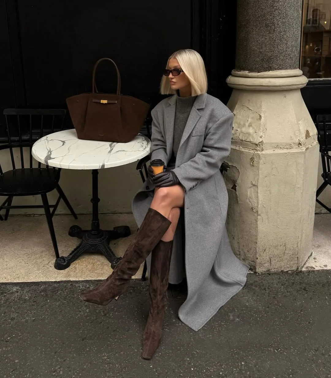 Cozy Layers: Grey Coat, Sweater, and Dark Brown Suede Boots Cozy Layers: Grey Coat, Sweater, and Dark Brown Suede Boots — Brown Boots Outfits