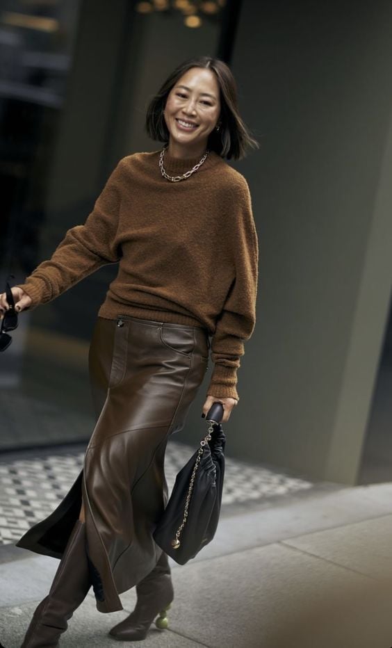 Chic Leather Paneled Maxi Skirt with Knit Sweater and Boots — Winter Skirt Outfits