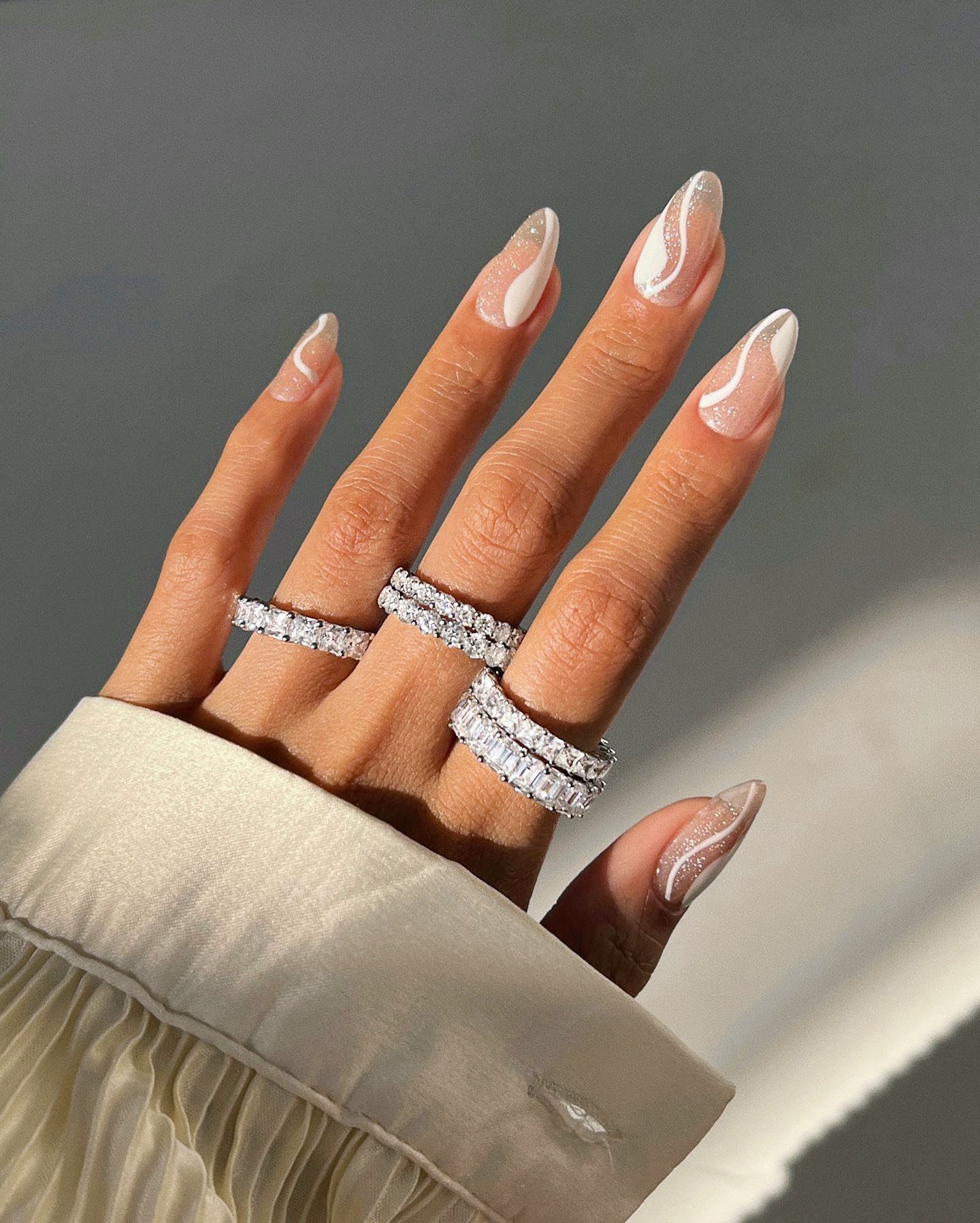 Nude Almond Abstract Swirl Tips Nude Almond Abstract Swirl Tips — Winter Wedding Nails