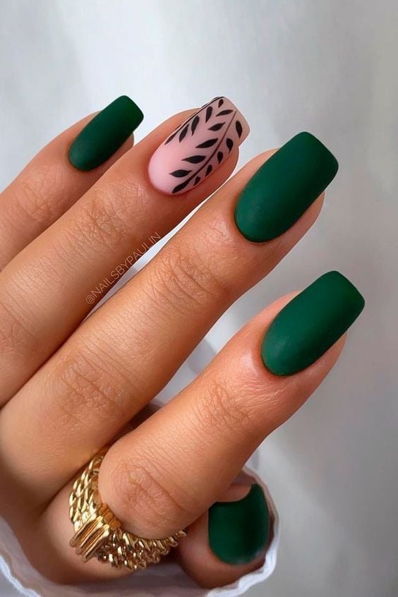 Deep Green Matte with Black Leaf Art — Winter Matte Nails
