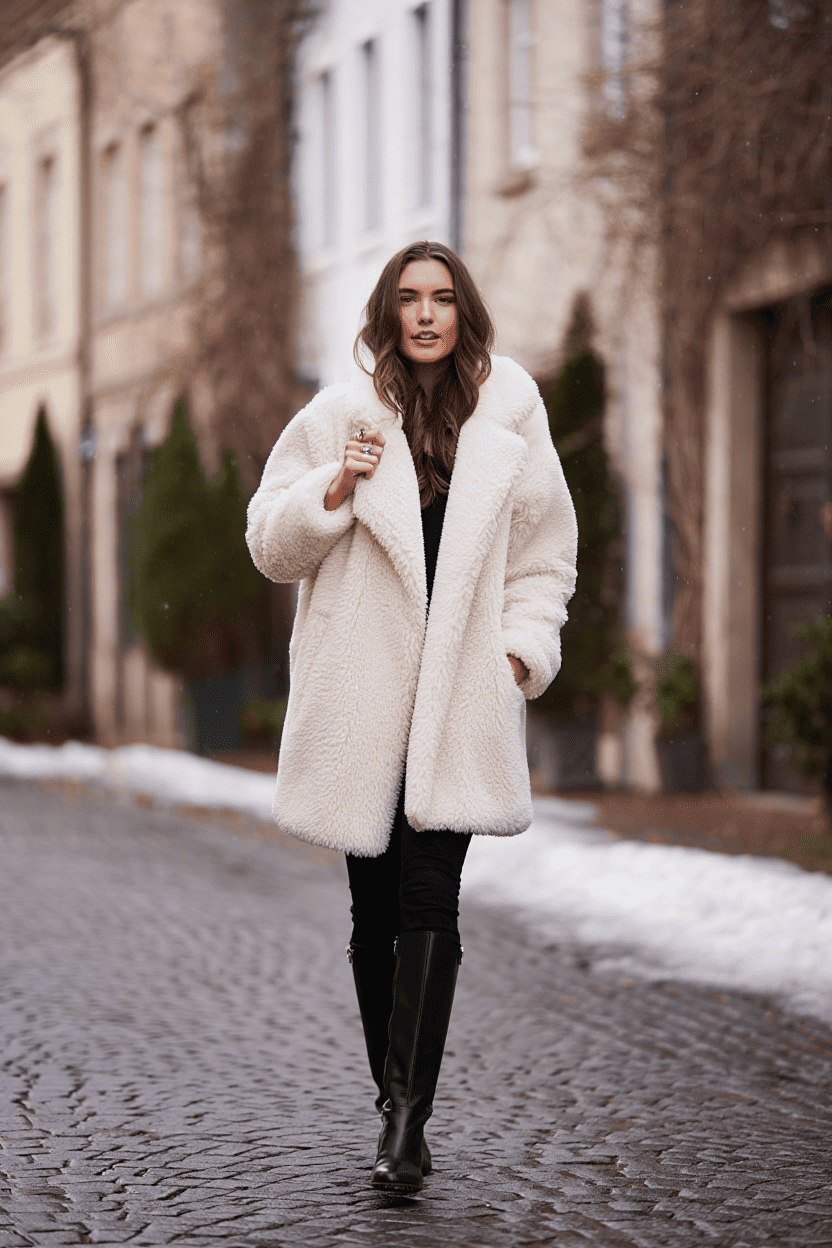 White Teddy Coat Over Black Base — Classy Winter Outfits