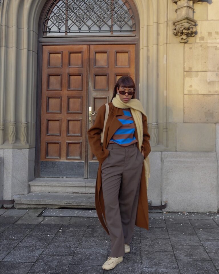 Relaxed Silhouette: Camel Coat with Striped Sweater and Loafers — Camel Coat Outfits