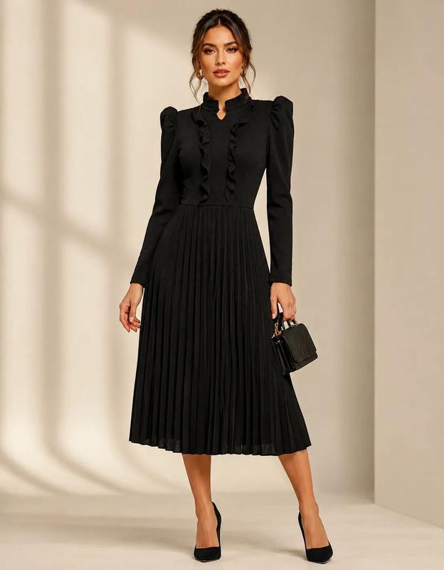 Chic Black Midi Dress with Ruffled Neckline for Church — Winter Church Outfits