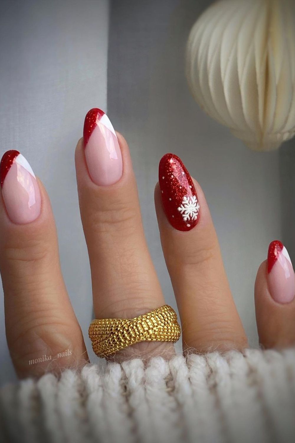 Nude French Tip with Red Glitter Snowflake Accent — Snowflake Nails
