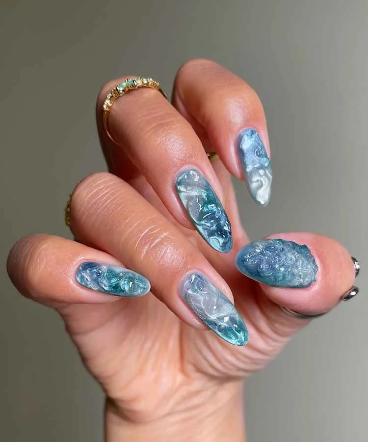 3D Sculpted Icy Blue Almonds 3D Sculpted Icy Blue Almonds — Winter Acrylic Nails