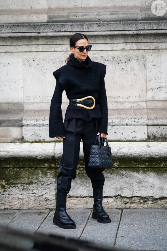 All-Black Ensemble with Structured Shoulders and Turtleneck — Turtleneck Outfits