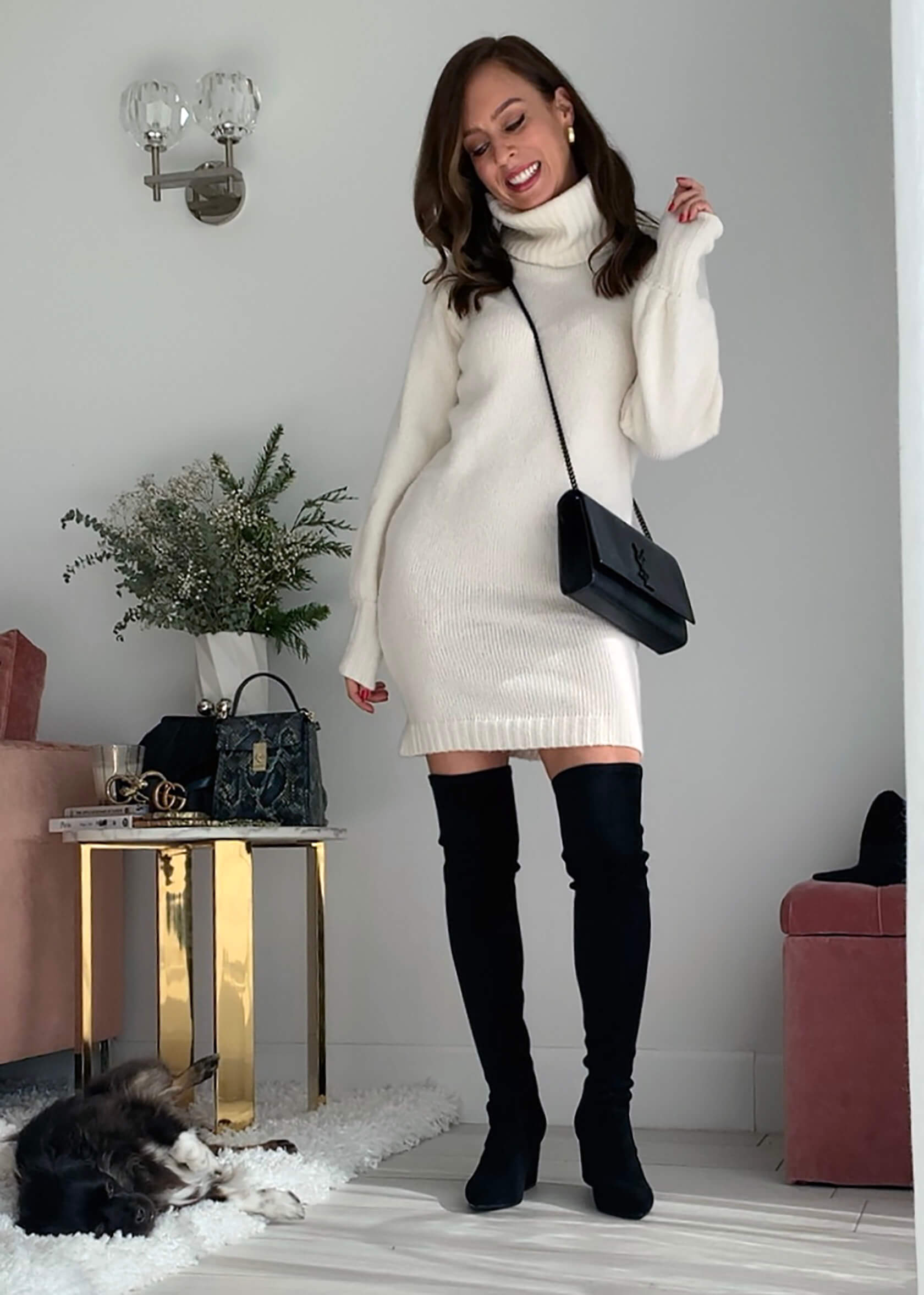 Classic Black Over-the-Knee Boots with White Knit Sweater Dress — Over the Knee Boots Outfits