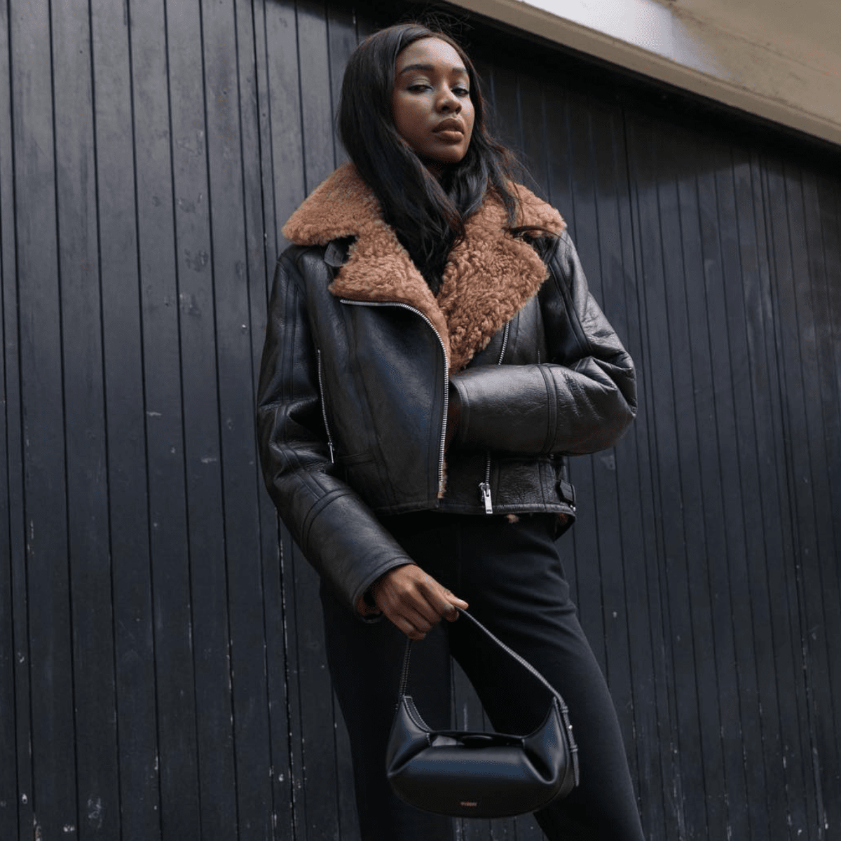 Shearling Collar Moto Jacket with Black Leather Pants Shearling Collar Moto Jacket with Black Leather Pants — Winter Photoshoot Outfits
