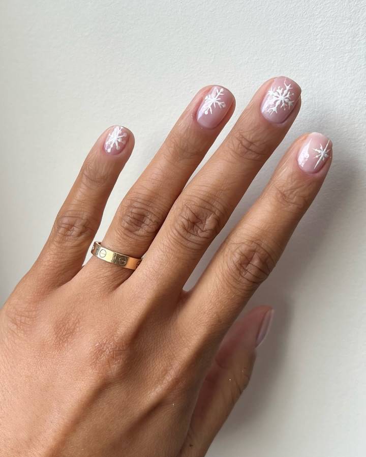 Subtle White Snowflake Art on Short Nude Nails — Snowflake Nails