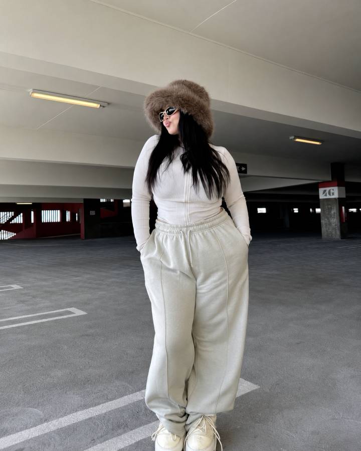 Relaxed Cream Fur Hat with Zip-Up Top and Sweatpants — Fur Hat Outfits