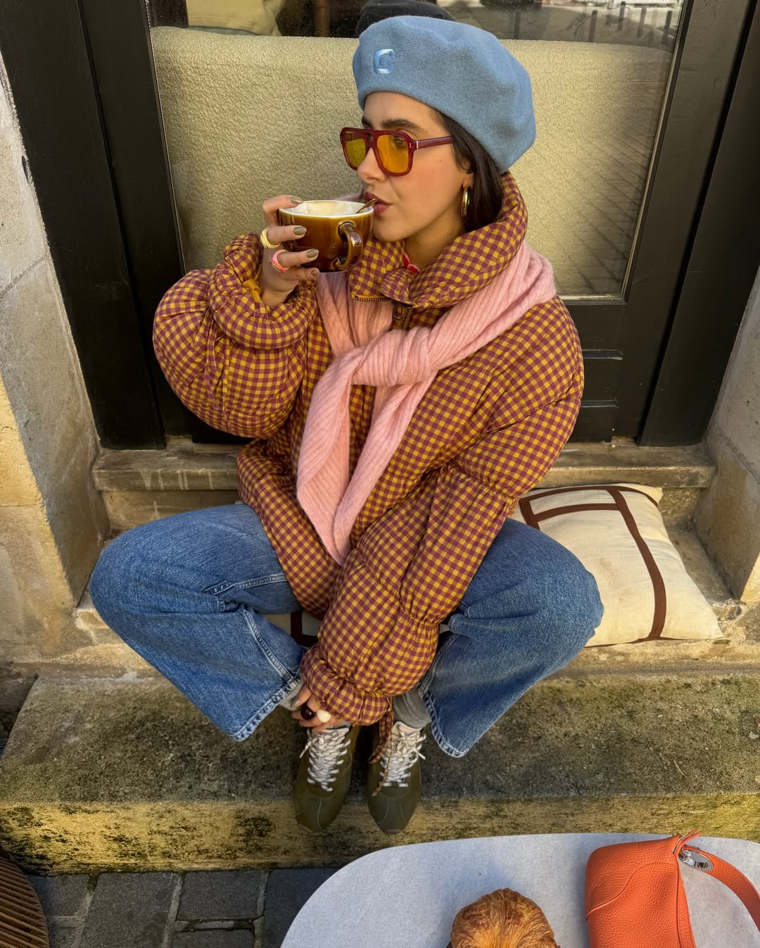 Plaid Puffer Jacket with Pink Scarf and Green Sneakers — Winter Puffer Jacket Outfits