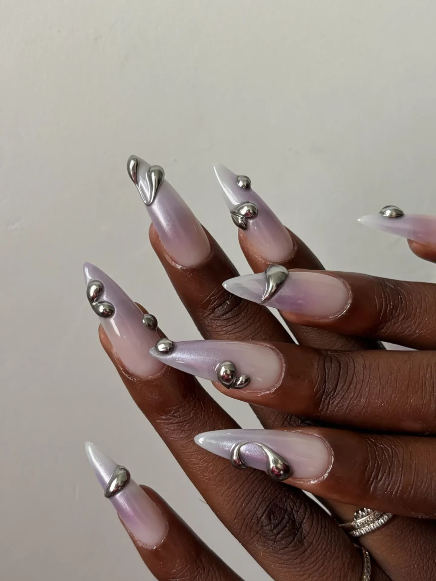 Lilac Chrome Heart Stiletto Nails — Long Winter Nails