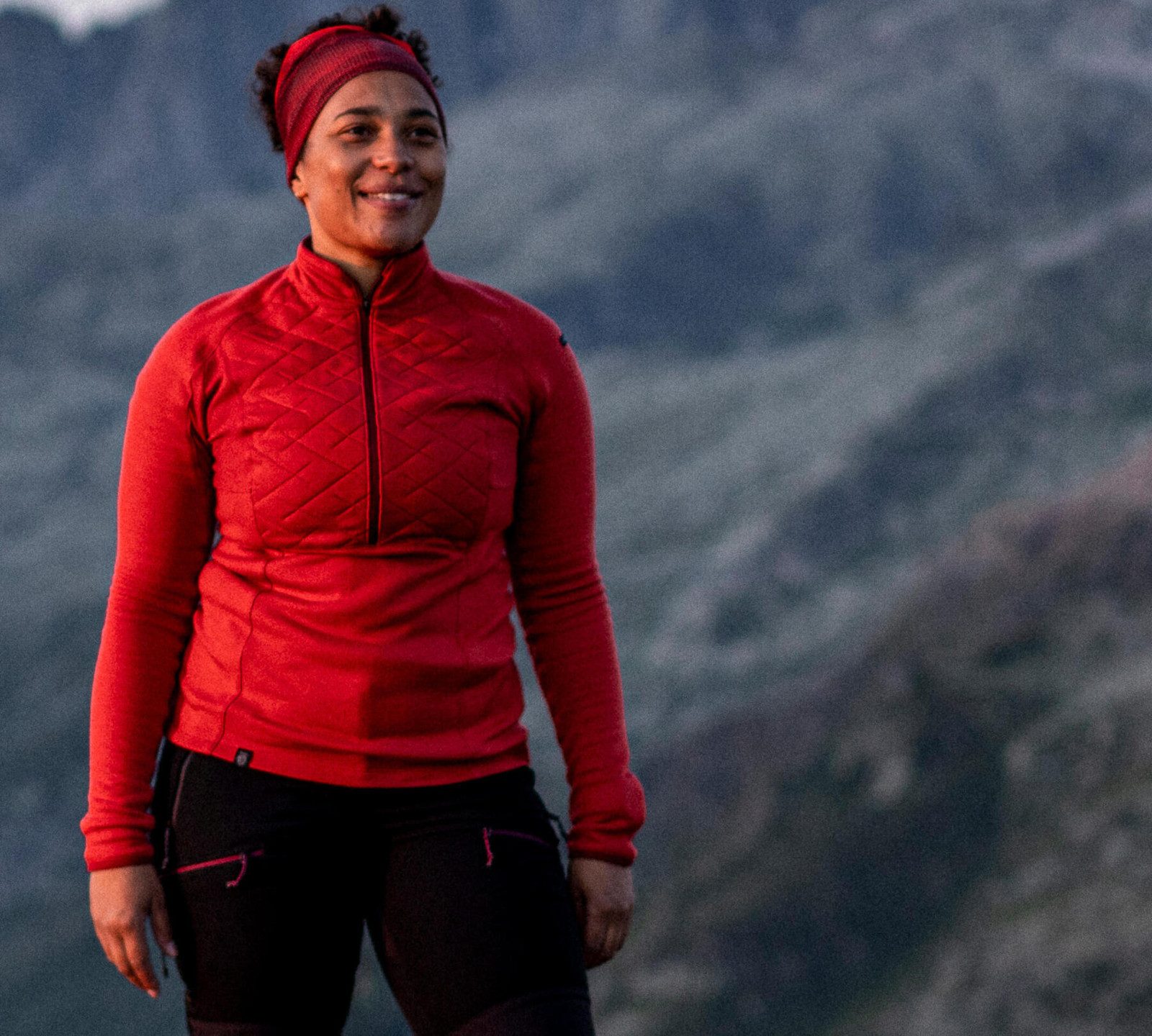Red Quilted Half-Zip Top for Flexible Winter Hikes — Winter Hiking Outfits