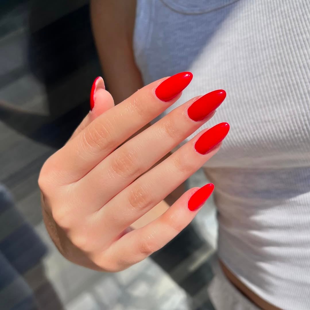 Vibrant Red Long Almond Nails — Short Winter Almond Nails