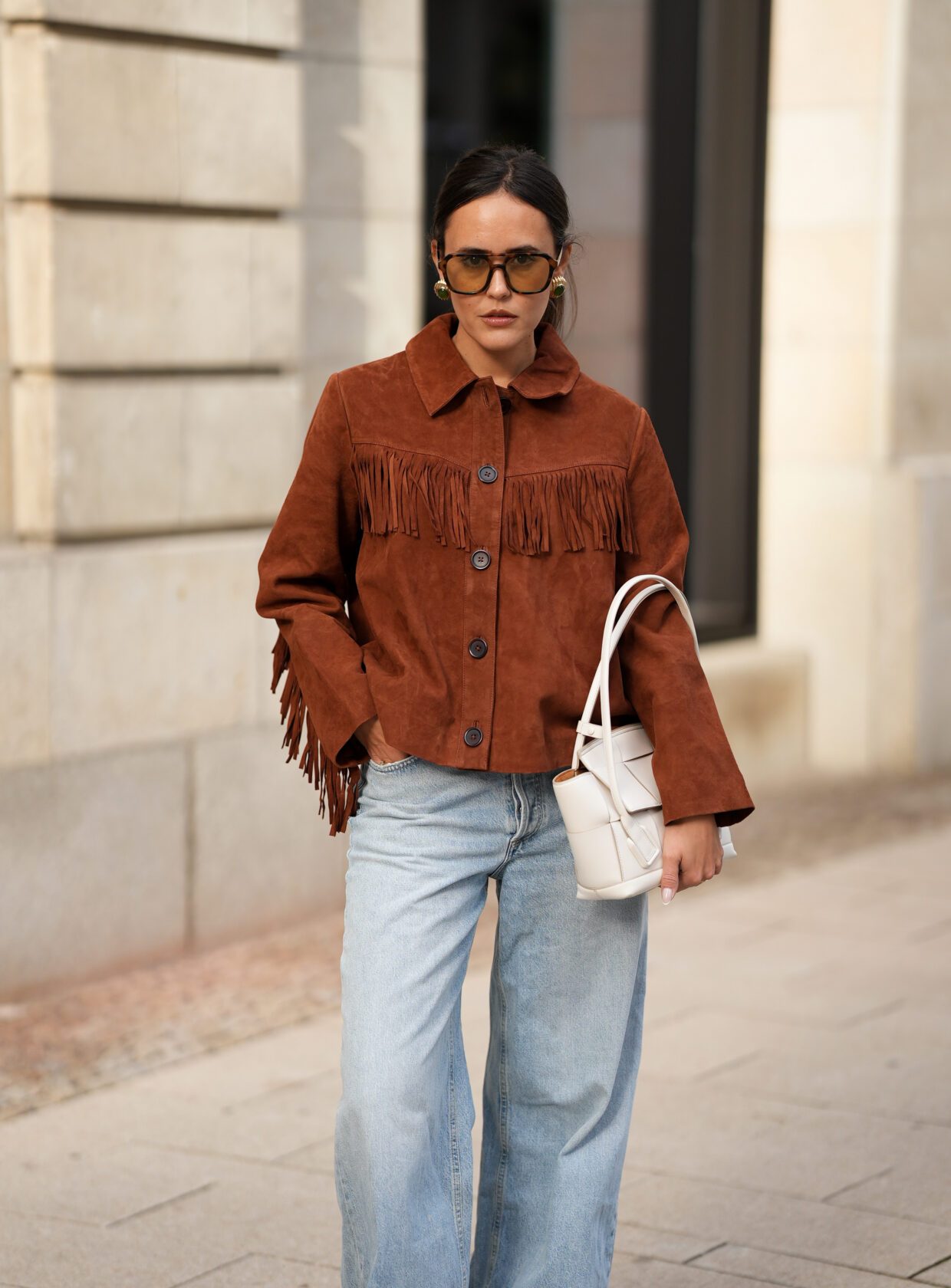 Fringe Detail: Cropped Brown Suede Jacket with Wide-Leg Jeans — Brown Coat Outfits