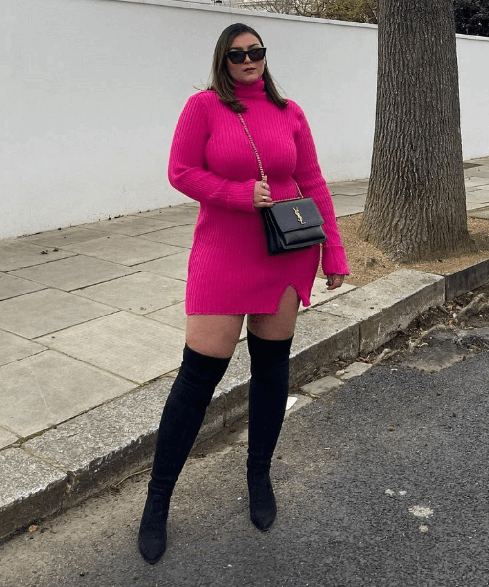 Bold Hot Pink Knit Mini Dress with Over-the-Knee Boots Bold Hot Pink Knit Mini Dress with Over-the-Knee Boots — Winter Dinner Outfits