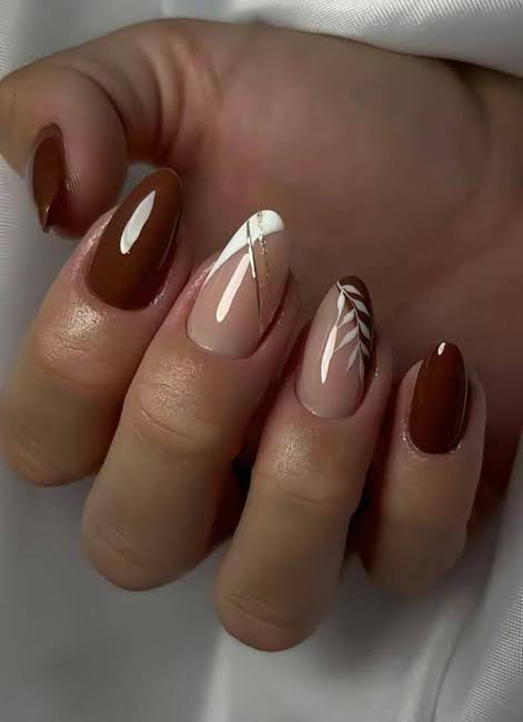 Brown Nude Abstract With Leaf Motif Brown Nude Abstract With Leaf Motif — Simple Winter Nails