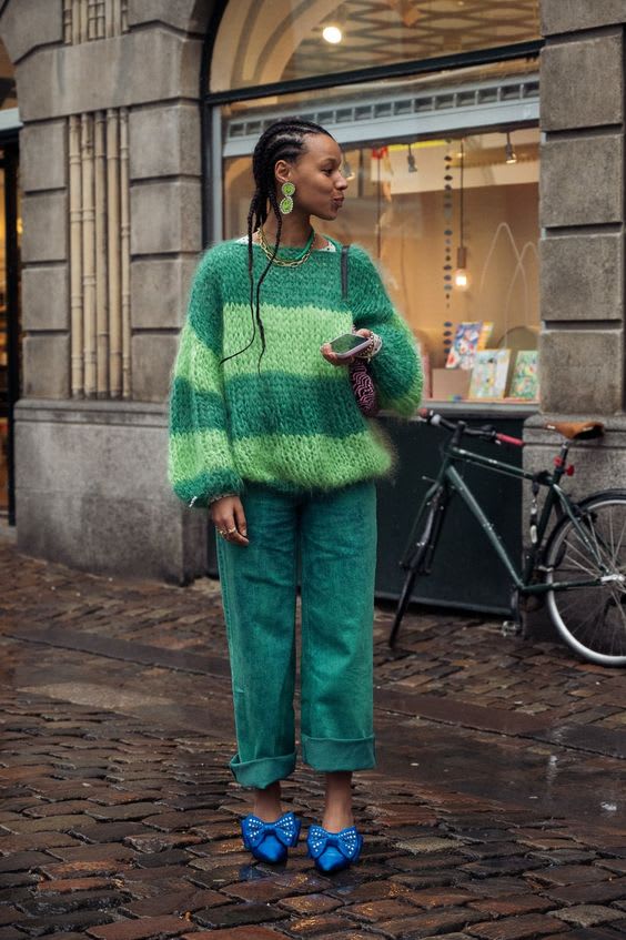 Striped Fuzzy Knit Sweater with Corduroy Trousers for a Cozy Brunch Striped Fuzzy Knit Sweater with Corduroy Trousers for a Cozy Brunch — Winter Brunch Outfits