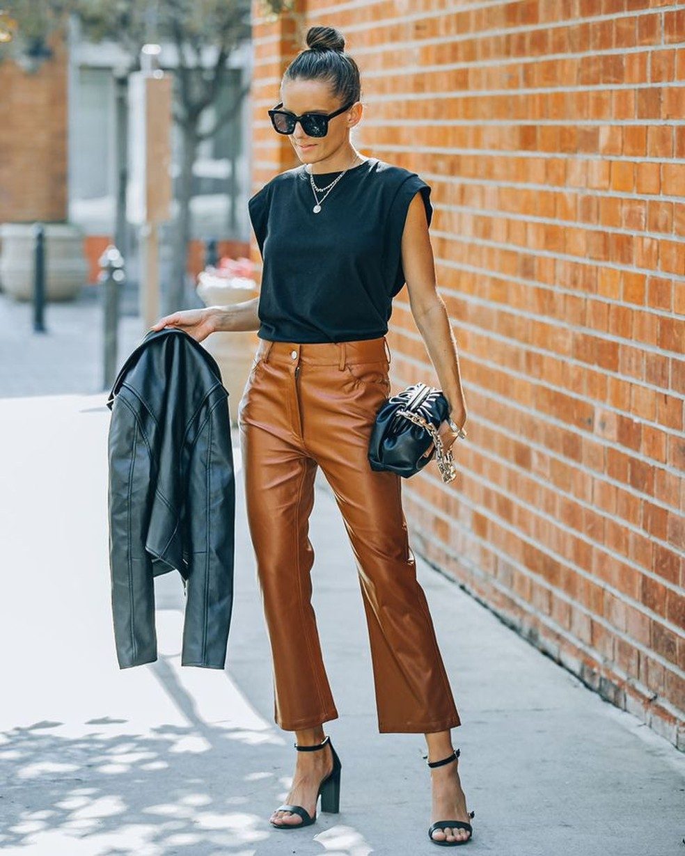 Brown Cropped Flare Leather Pants for a Chic Daytime Event — Leather Pants Outfits