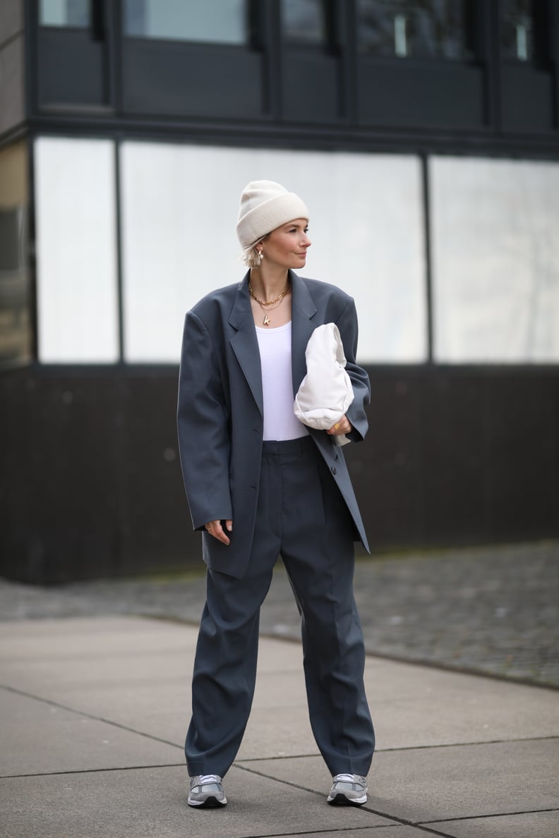 Oversized Grey Suit Paired with a White Beanie — Beanie Outfits