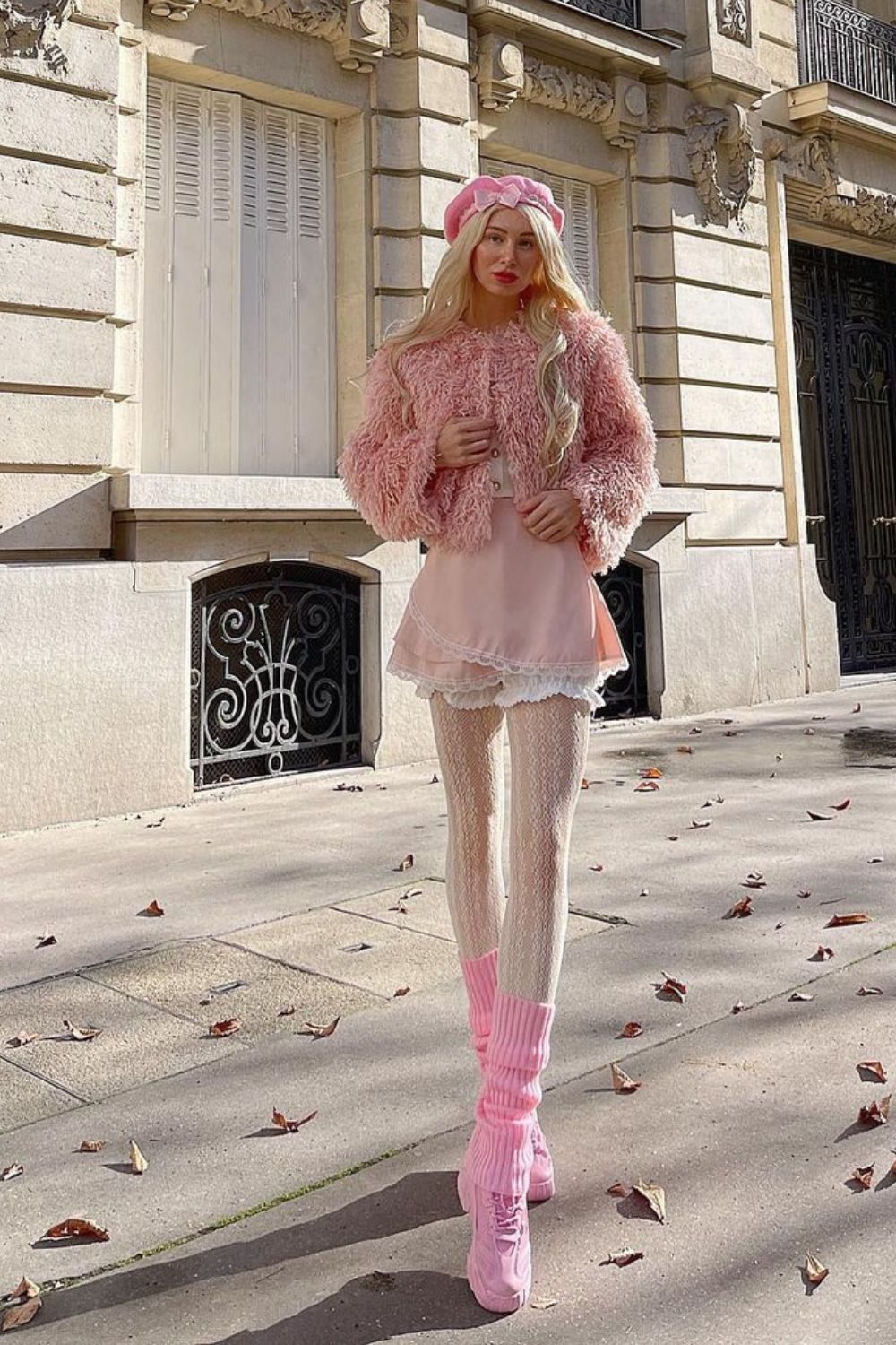 Playful Pink Ensemble: Faux Fur Jacket, Slip Dress, and Pink Leg Warmers — Leg Warmers Outfits
