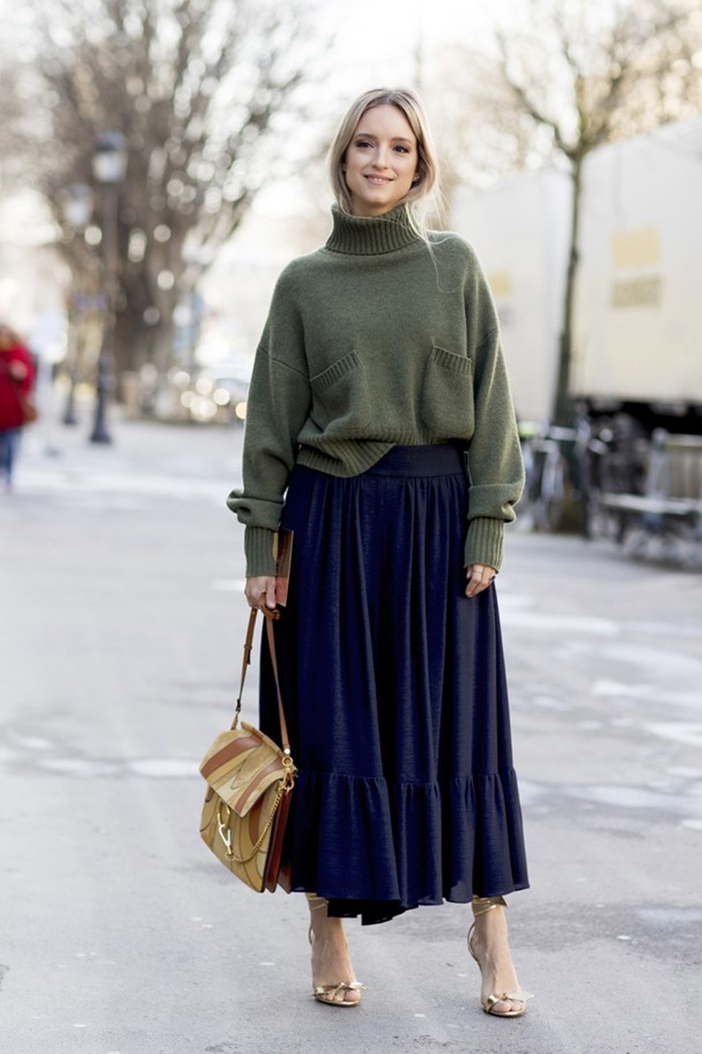 Olive Green Turtleneck with Tiered Maxi Skirt — Classy Winter Outfits