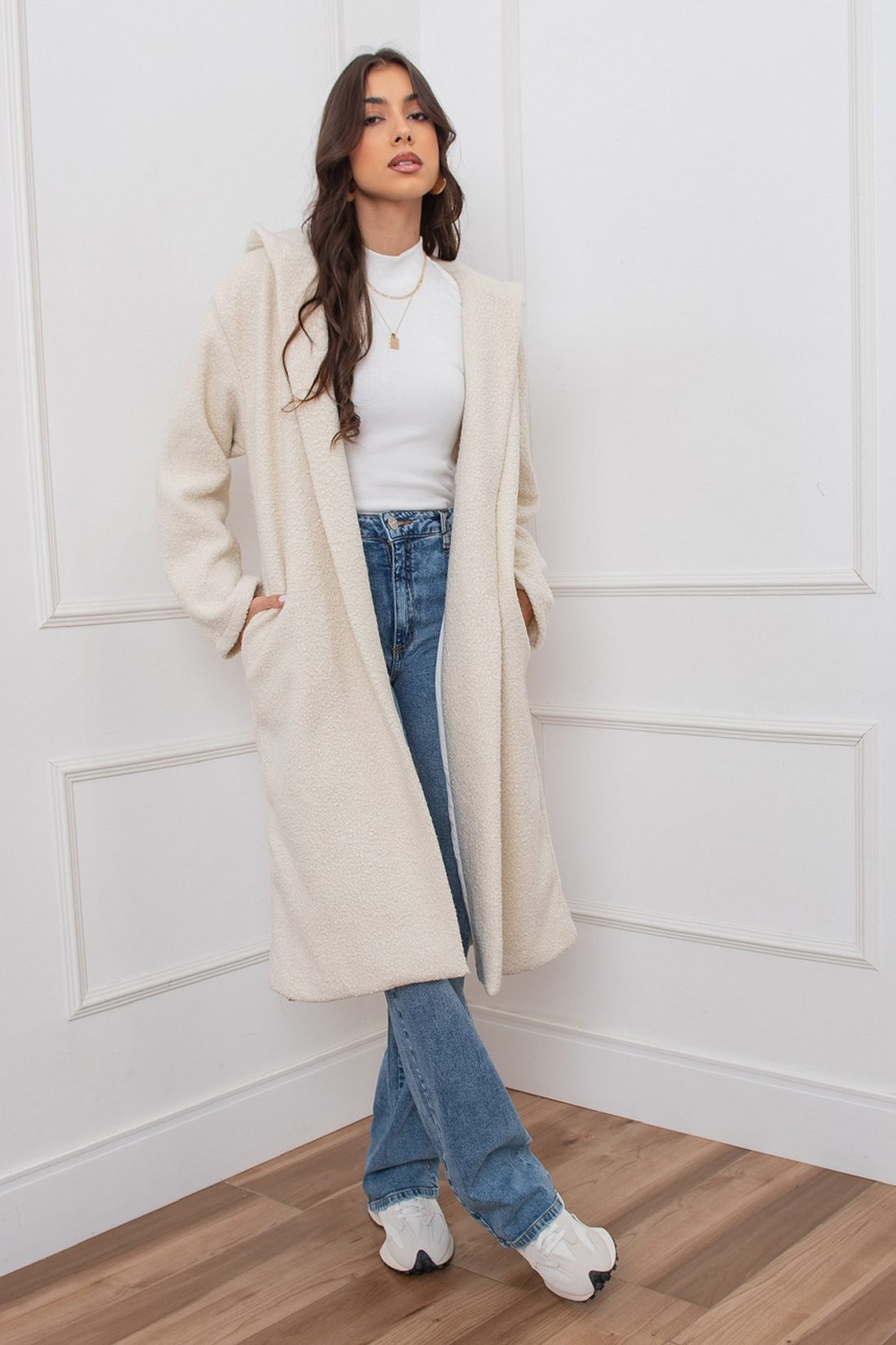 Cream Longline Teddy Coat with a Hood and White Turtleneck — Teddy Coat Outfits
