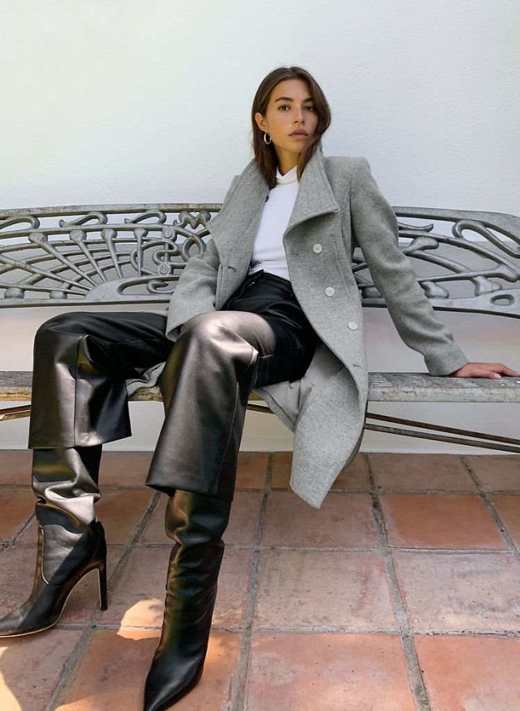 Business Casual: Grey Coat, Leather Trousers, and Black Slouchy Boots — Slouchy Boots Outfits