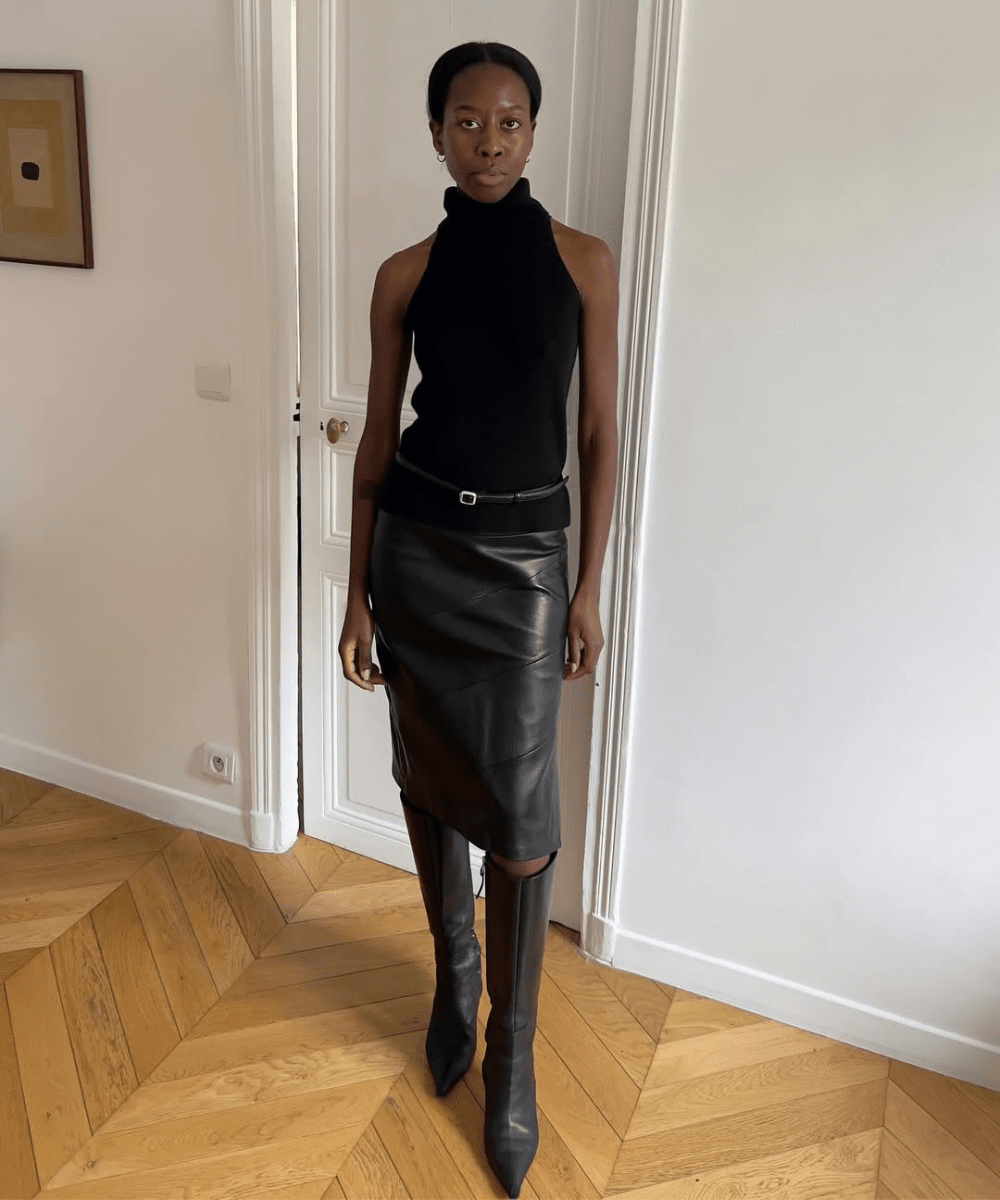 Sleek Midi Skirt and Knee-High Boots — Black Boots Outfits