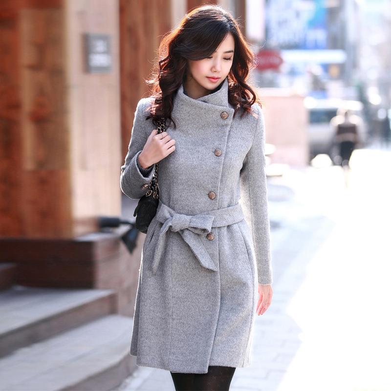 Fitted Grey Wrap Coat Cinched at the Waist with Tights — Korean Winter Outfits