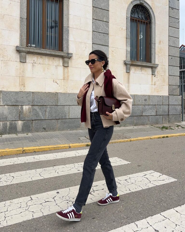Casual Beige Jacket with Burgundy Sneakers — Close-Up Take — Cold Weather Outfits