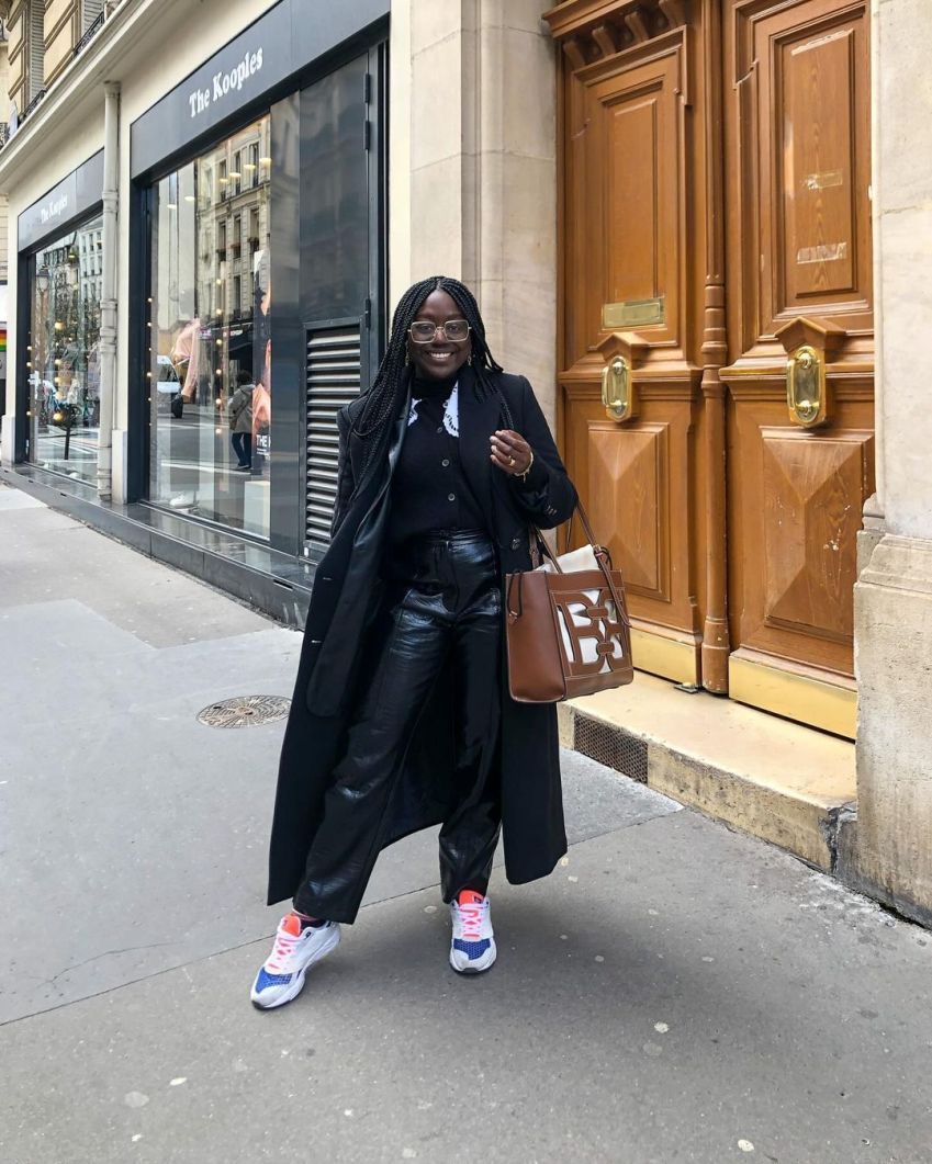Sleek Black Coat Paired with Bold Sneakers for City Chic Sleek Black Coat Paired with Bold Sneakers for City Chic — Dressy Winter Outfits