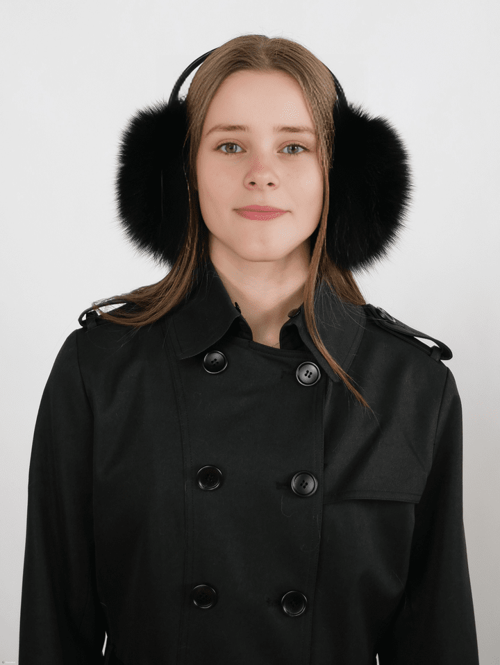 Chic Black Faux Fur Earmuffs with a Structured Trench Coat Chic Black Faux Fur Earmuffs with a Structured Trench Coat — Earmuffs Outfits