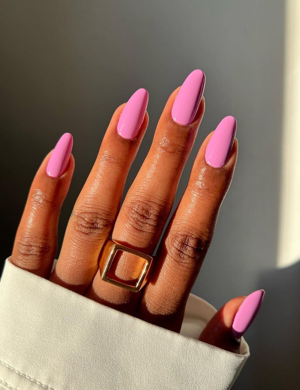 Bold Statement Bright Pink Almond Nails — Winter Pink Nails
