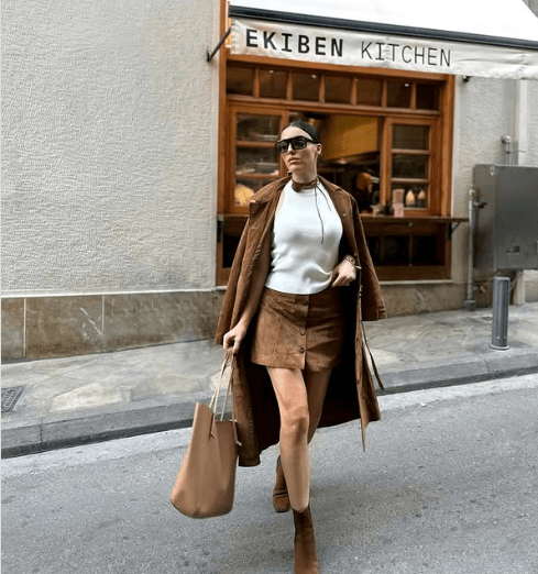Brown Suede Trench Coat and Mini Skirt Set — Baddie Winter Outfits