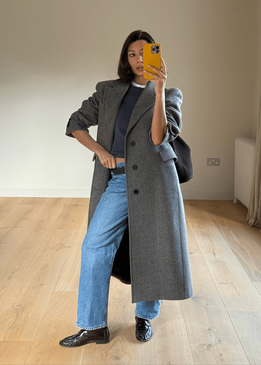 Long Grey Wool Coat Over Knit Sweater and Wide-Leg Trousers — Winter Business Casual Outfits