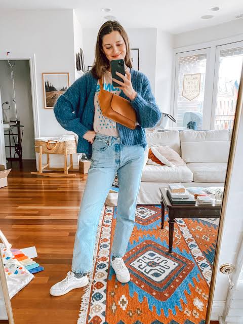 Knit Cardigan with Graphic Tee and Sneakers — Winter Outfits with Sneakers