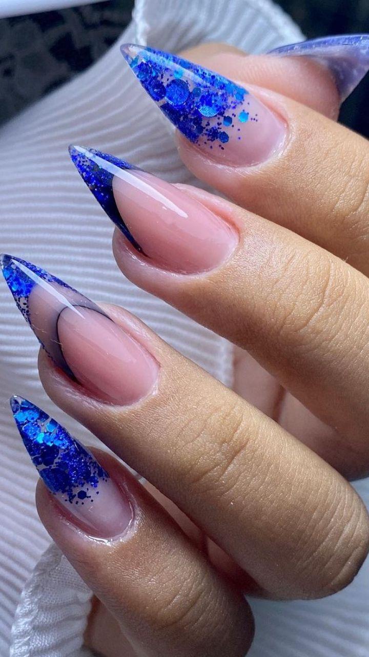 Sparkling Blue Glitter Tips Long Stiletto — Navy Blue Nails