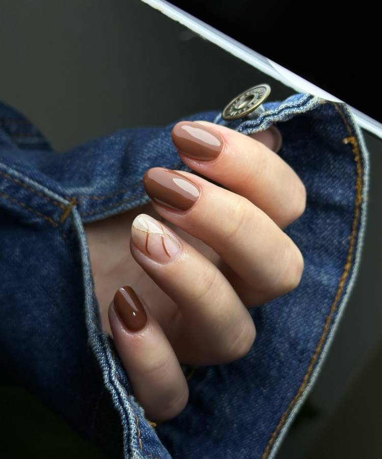 Warm Brown Almond Nails with Gold Lines Warm Brown Almond Nails with Gold Lines — Winter Nail Colors for Women Over 70