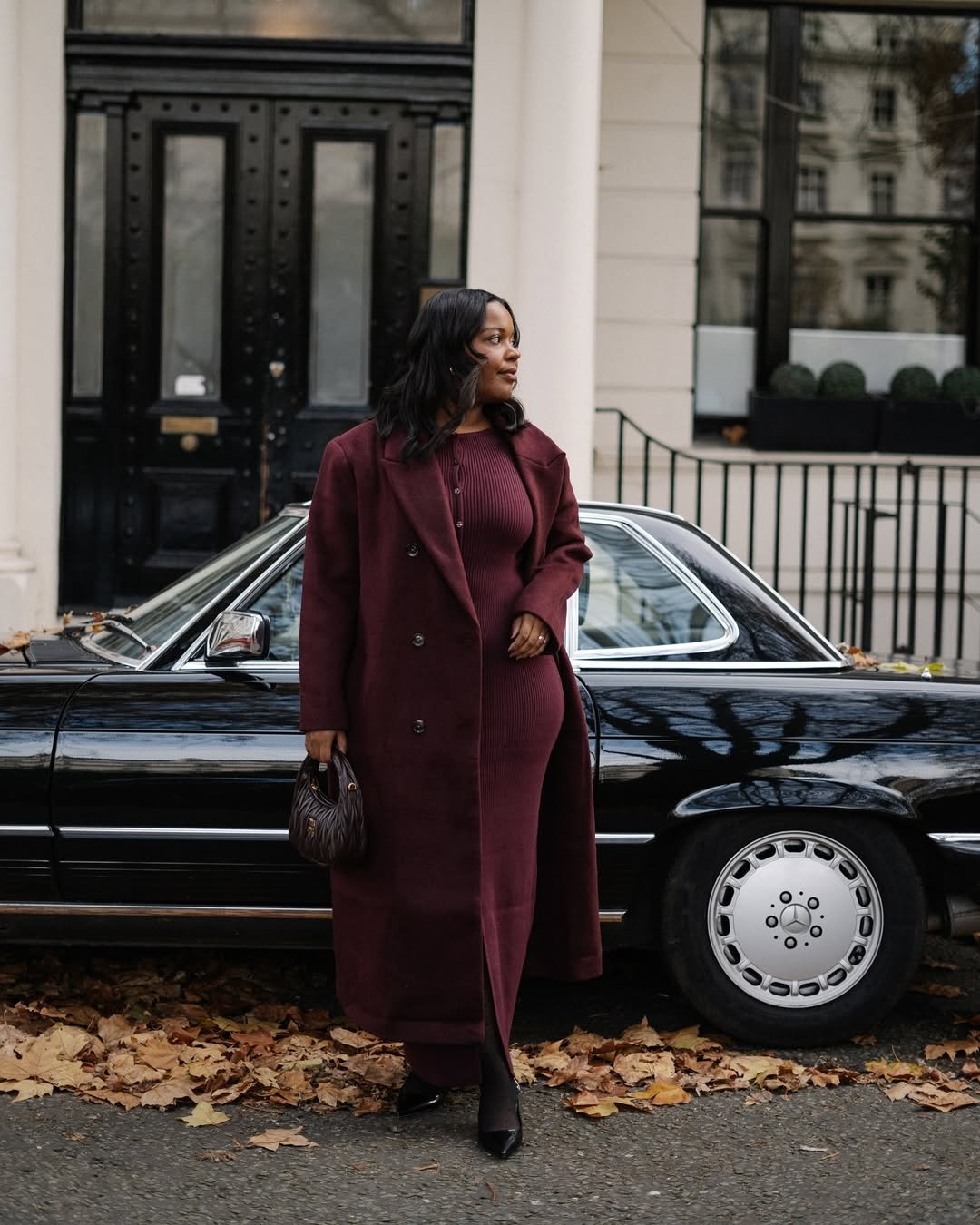Elegant Evening: Burgundy Car Coat with Ribbed Knit Dress — Car Coat Outfits
