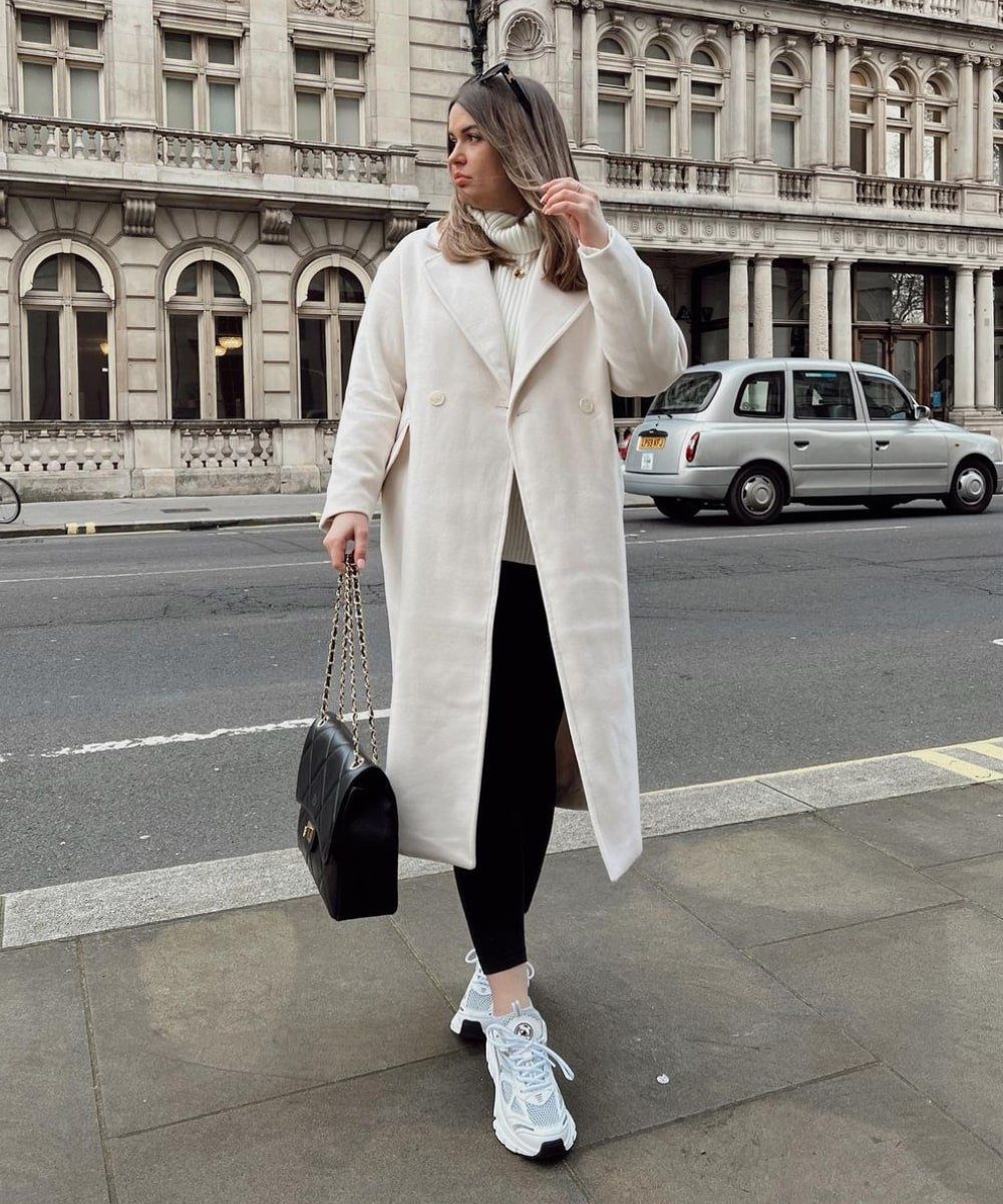 Cream Oversized Coat Over Black Leggings — Winter Outfits with Leggings