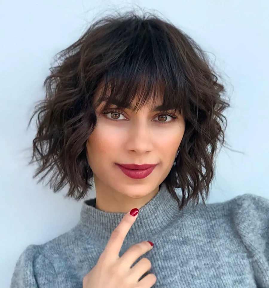 Wavy Chin Bob With Full Bangs Wavy Chin Bob With Full Bangs — Mushroom Brown Hair