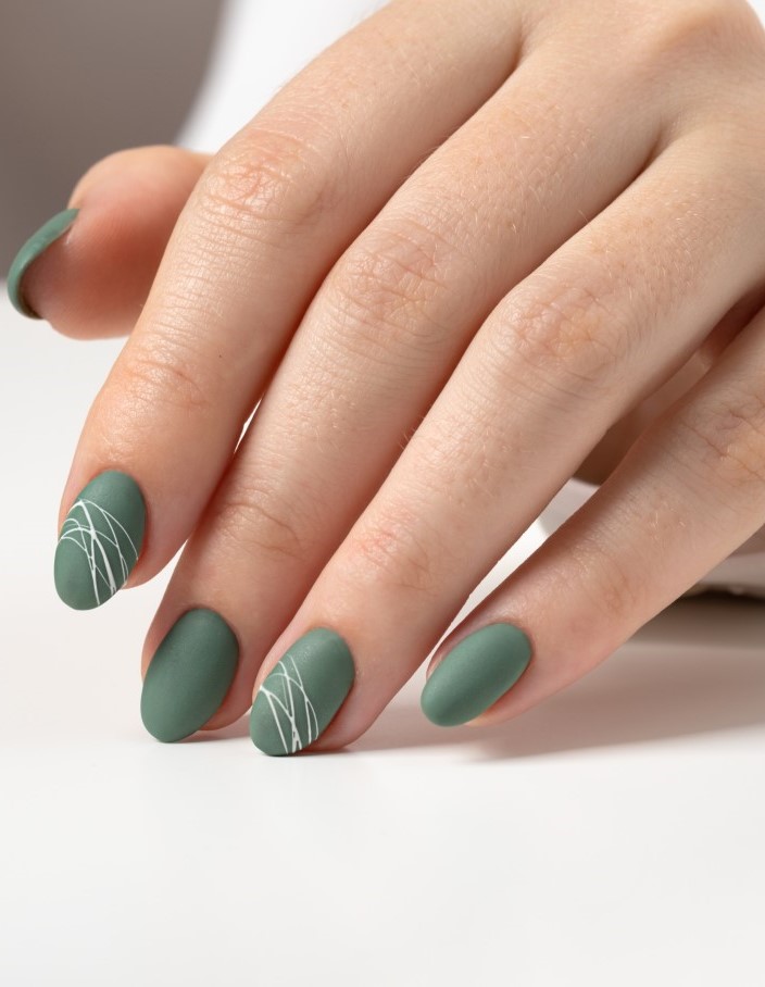 Muted Green Matte with White Lines Muted Green Matte with White Lines — Winter Green Nails