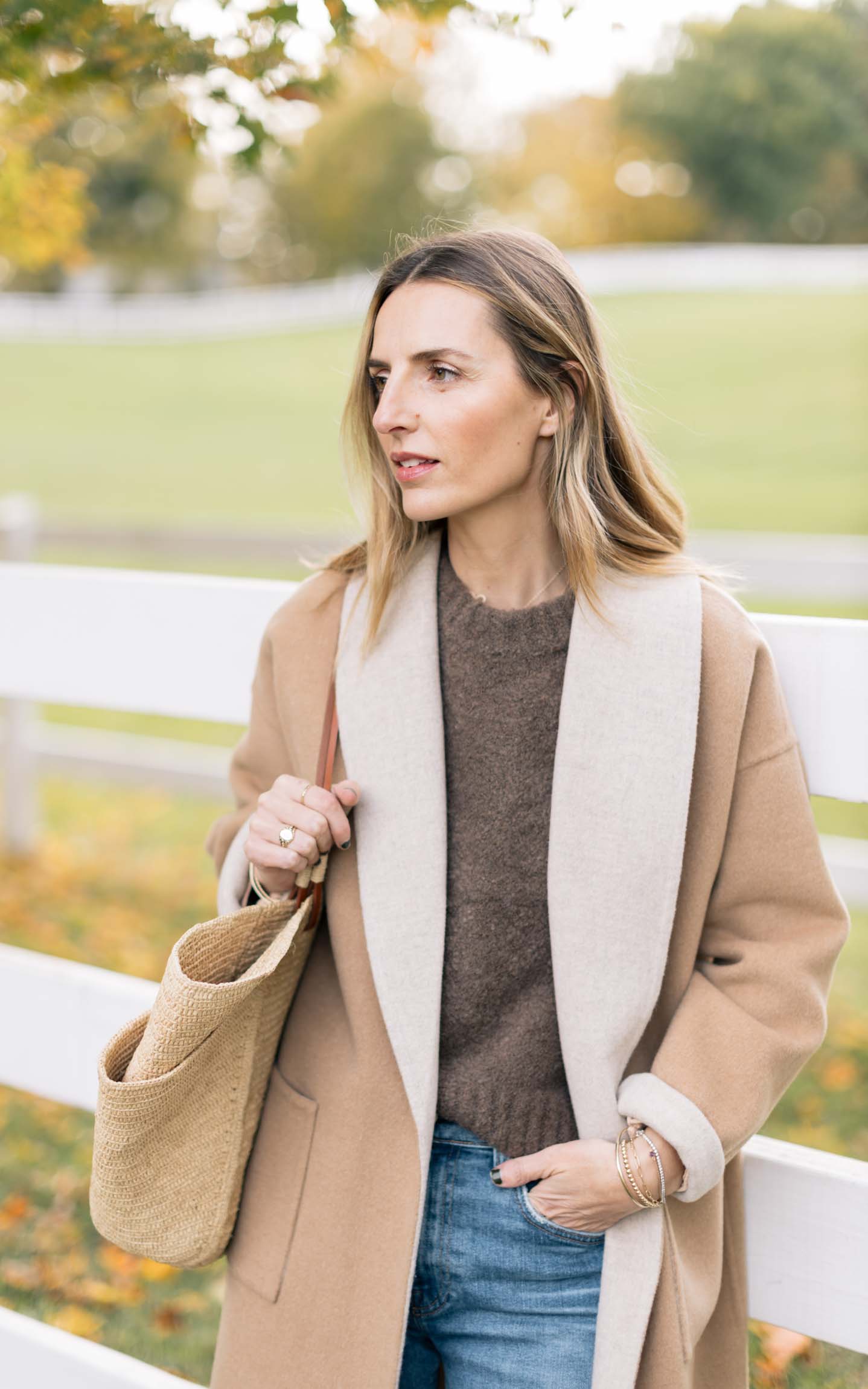 Autumn Casual: Camel Coat with Brown Sweater and Straw Tote — Camel Coat Outfits